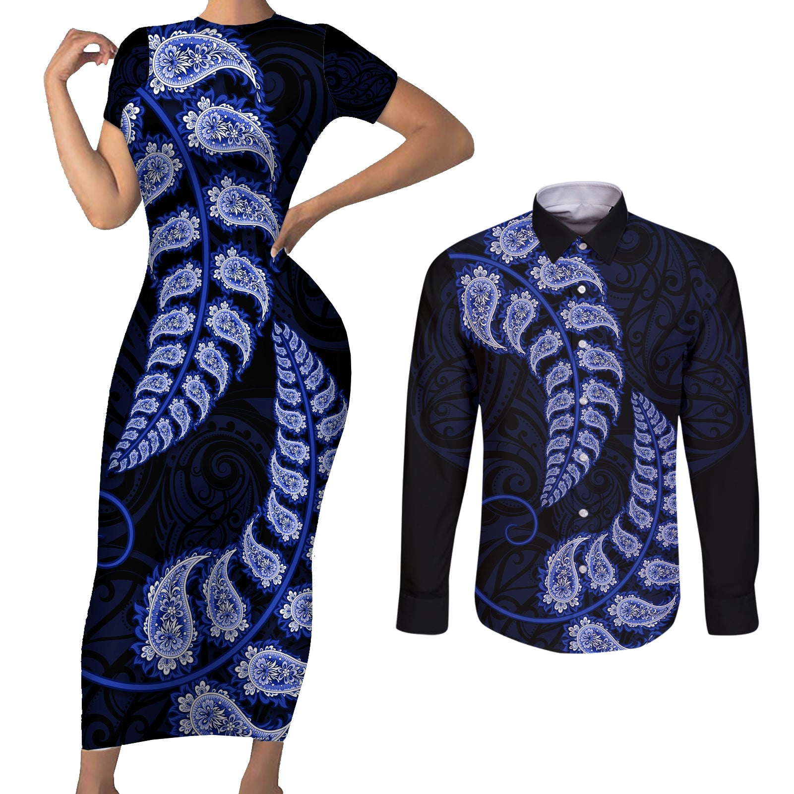 Blue New Zealand Paisley Silver Fern Couples Matching Short Sleeve Bodycon Dress and Long Sleeve Button Shirt Aotearoa Maori LT14 Blue - Polynesian Pride