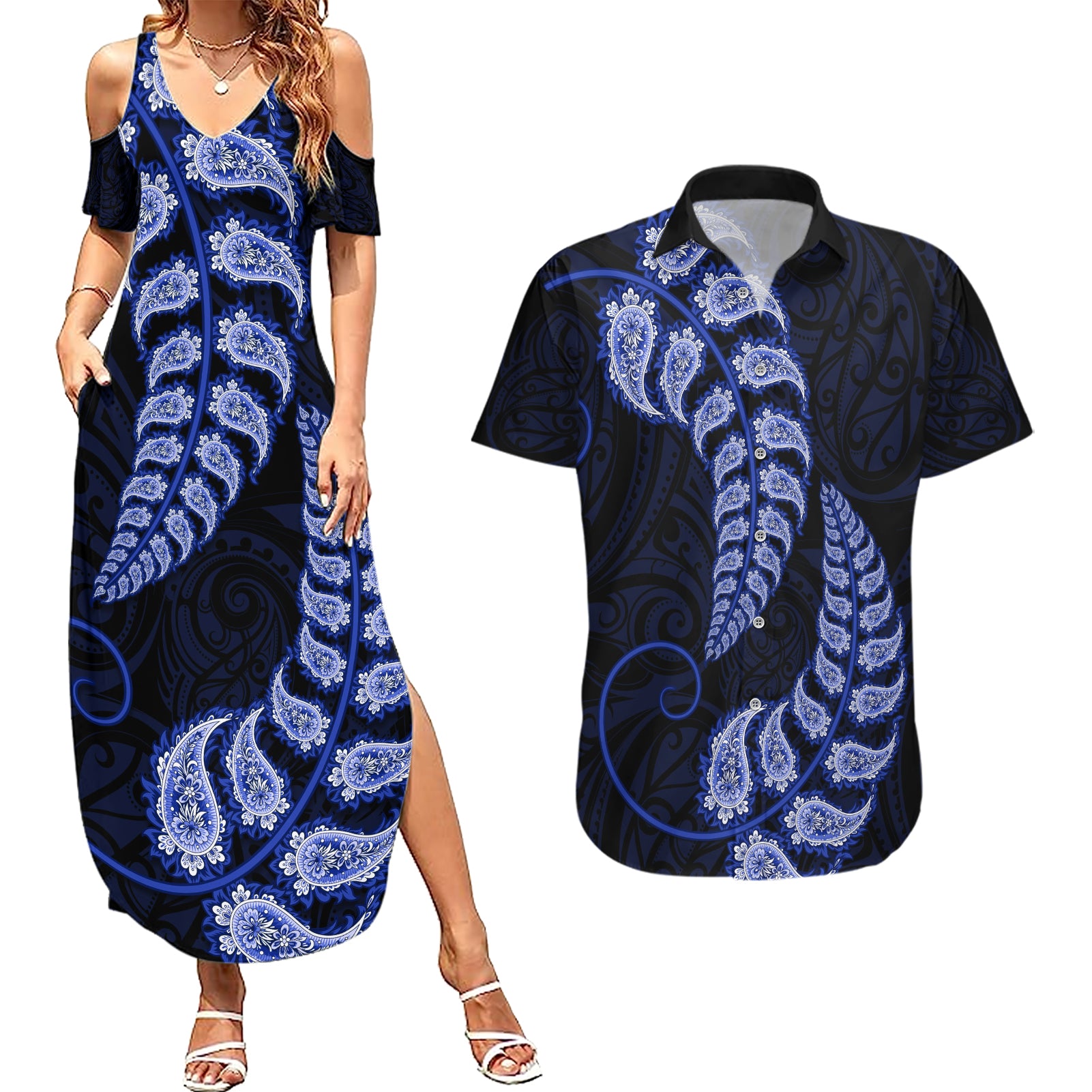 Blue New Zealand Paisley Silver Fern Couples Matching Summer Maxi Dress and Hawaiian Shirt Aotearoa Maori LT14 Blue - Polynesian Pride