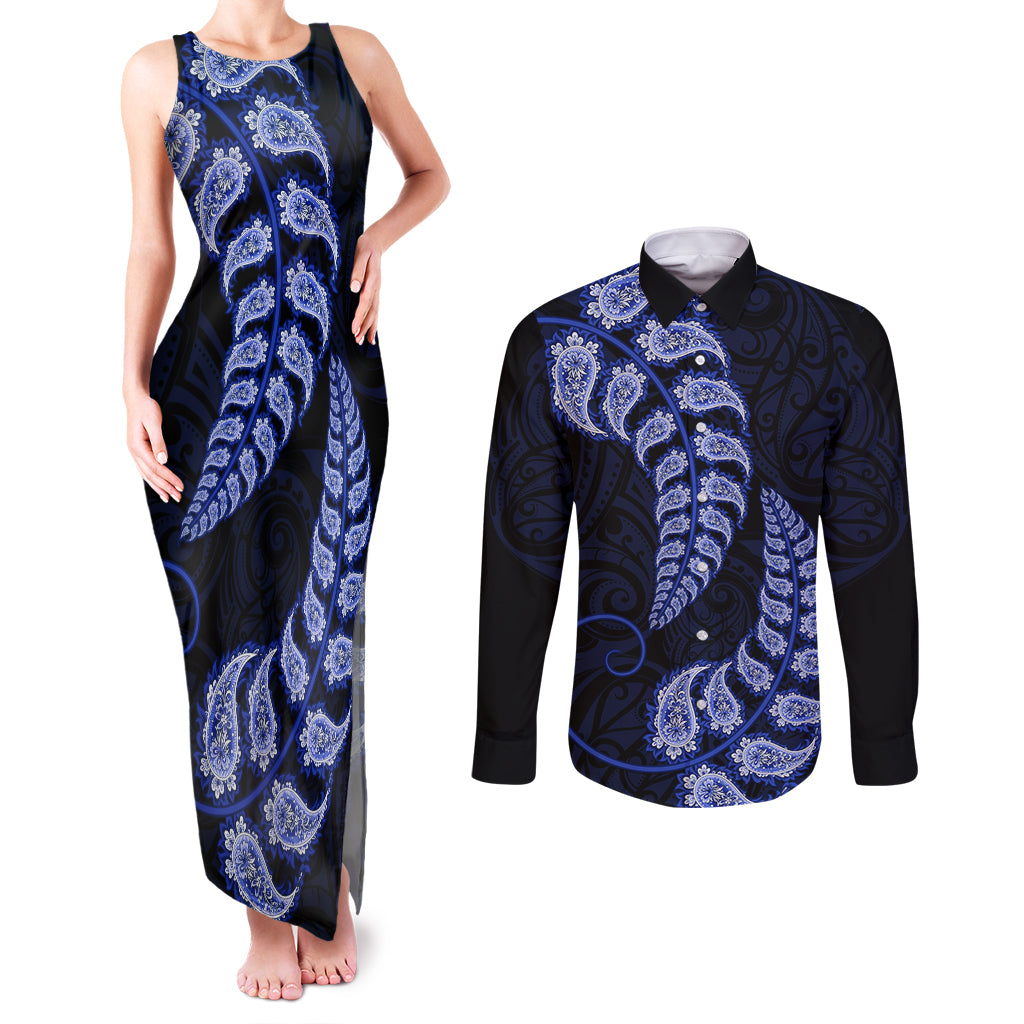 Blue New Zealand Paisley Silver Fern Couples Matching Tank Maxi Dress and Long Sleeve Button Shirt Aotearoa Maori LT14 Blue - Polynesian Pride