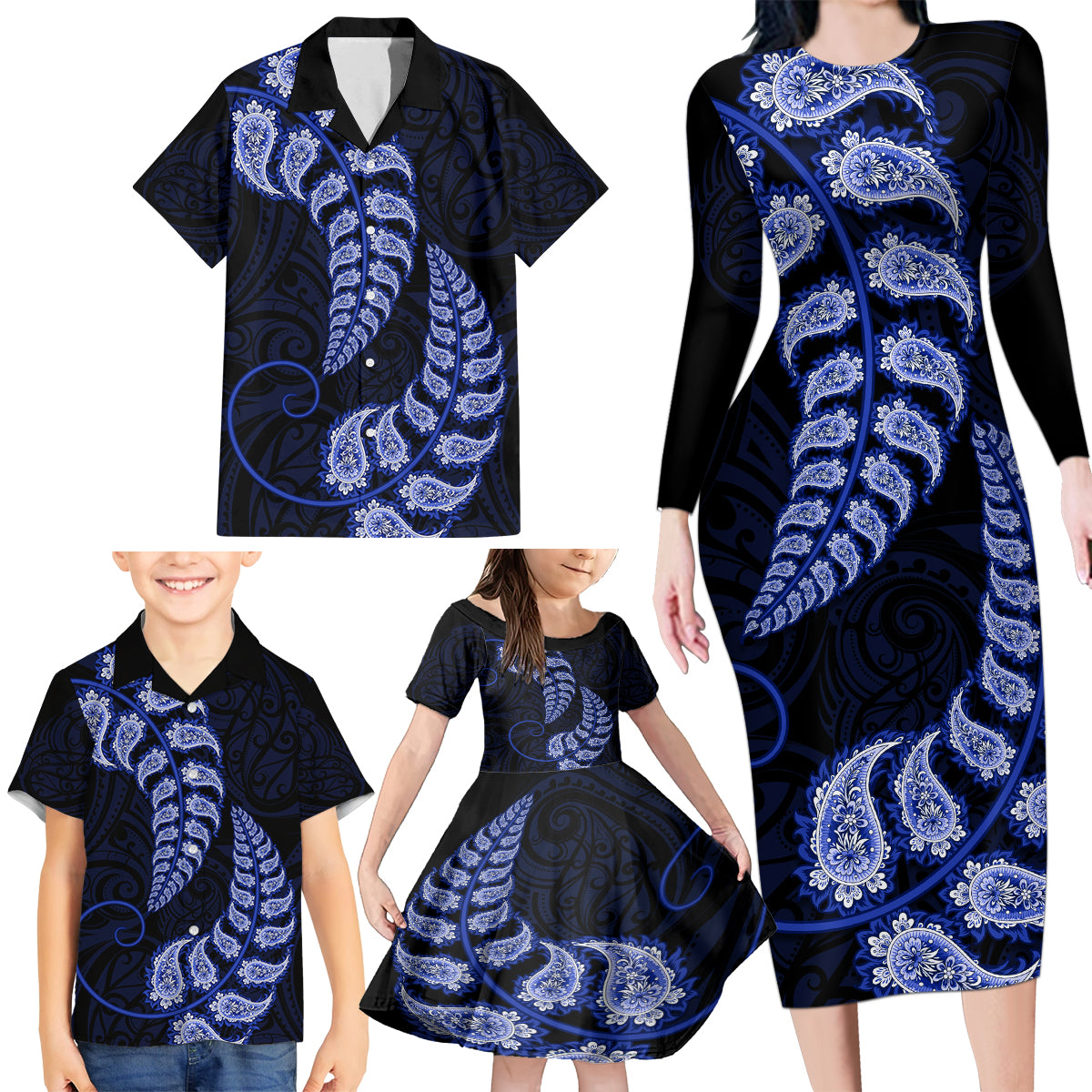 Blue New Zealand Paisley Silver Fern Family Matching Long Sleeve Bodycon Dress and Hawaiian Shirt Aotearoa Maori LT14 - Polynesian Pride