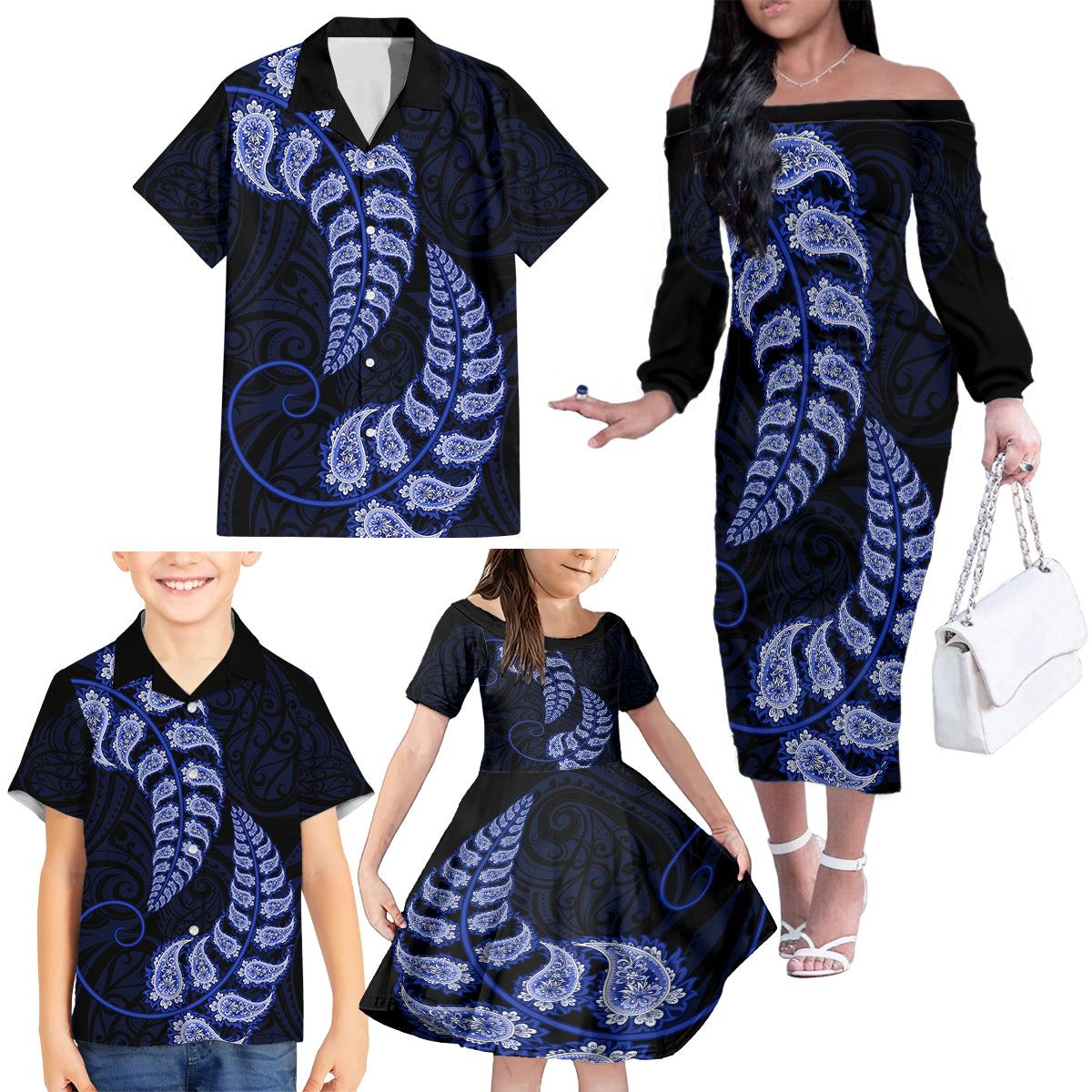 Blue New Zealand Paisley Silver Fern Family Matching Off Shoulder Long Sleeve Dress and Hawaiian Shirt Aotearoa Maori LT14 - Polynesian Pride