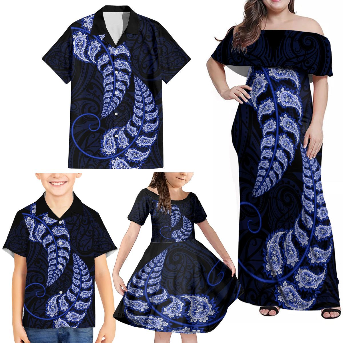 Blue New Zealand Paisley Silver Fern Family Matching Off Shoulder Maxi Dress and Hawaiian Shirt Aotearoa Maori LT14 - Polynesian Pride