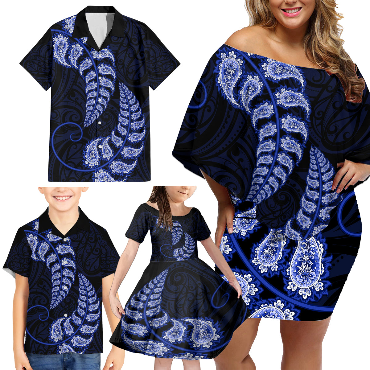 Blue New Zealand Paisley Silver Fern Family Matching Off Shoulder Short Dress and Hawaiian Shirt Aotearoa Maori LT14 - Polynesian Pride