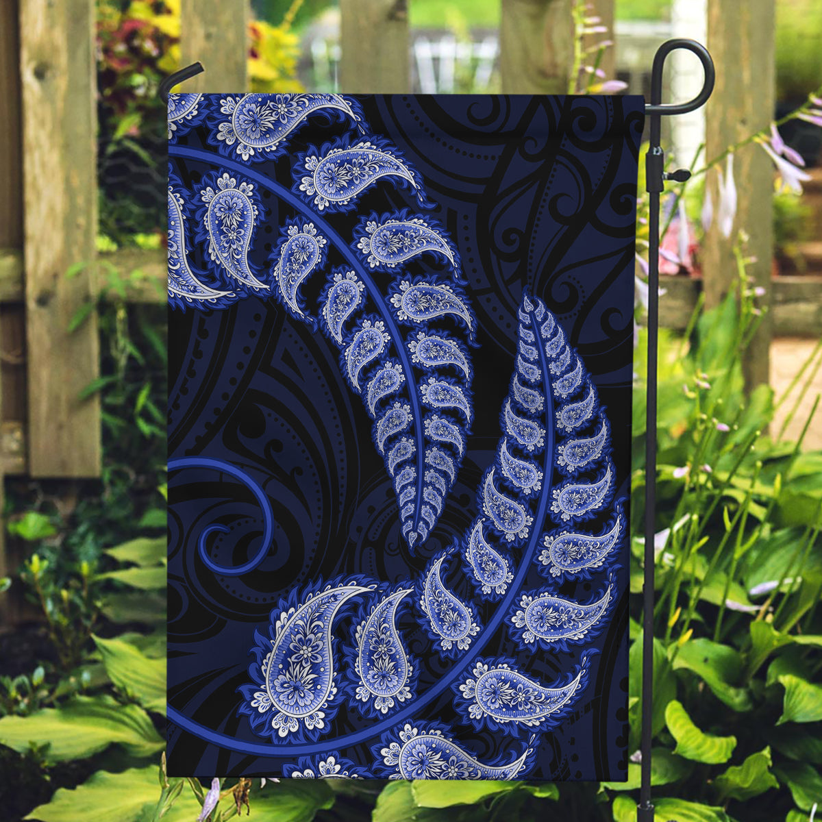 Blue New Zealand Paisley Silver Fern Garden Flag Aotearoa Maori LT14 Garden Flag Blue - Polynesian Pride