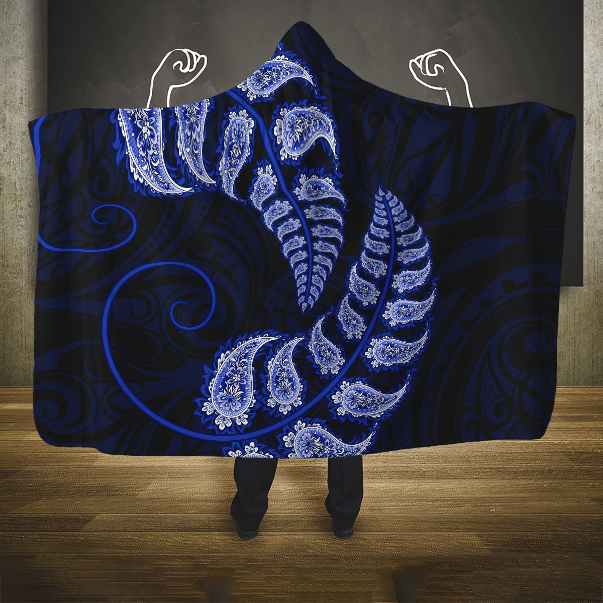 Blue New Zealand Paisley Silver Fern Hooded Blanket Aotearoa Maori LT14 One Size Blue - Polynesian Pride