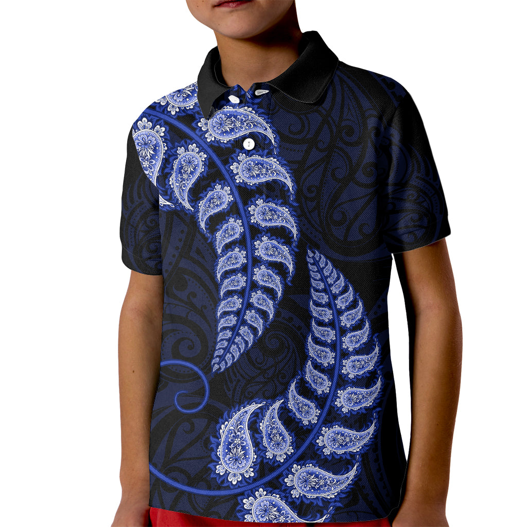 Blue New Zealand Paisley Silver Fern Kid Polo Shirt Aotearoa Maori LT14 Kid Blue - Polynesian Pride