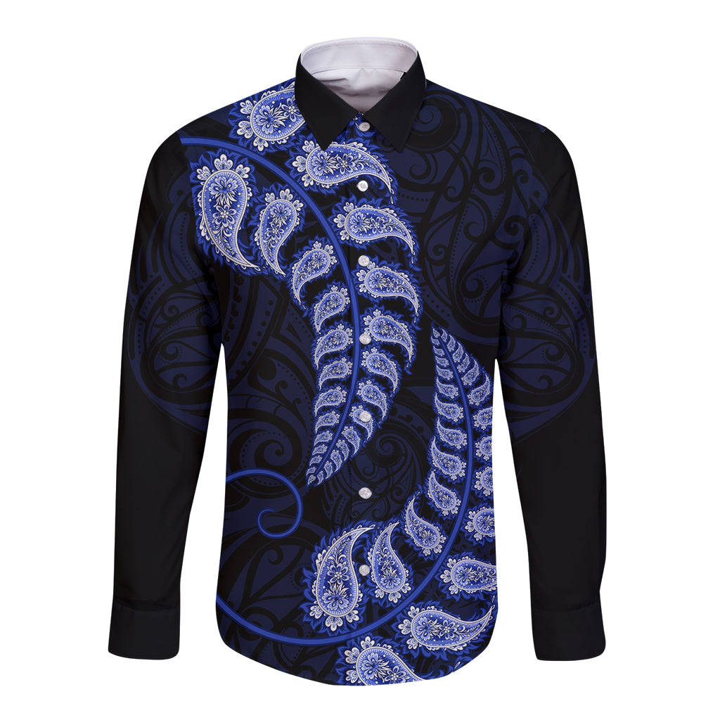 Blue New Zealand Paisley Silver Fern Long Sleeve Button Shirt Aotearoa Maori LT14 Unisex Blue - Polynesian Pride