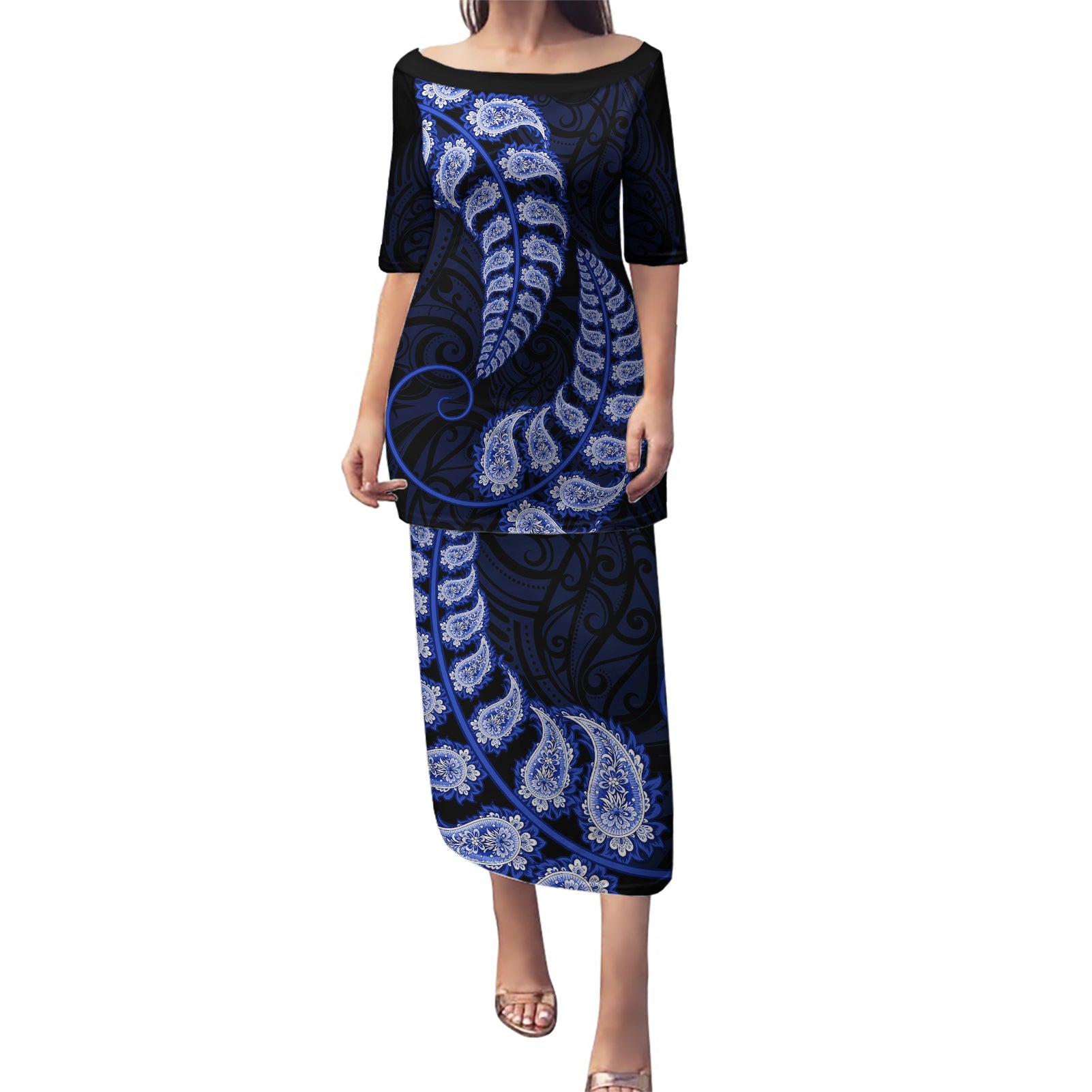 Blue New Zealand Paisley Silver Fern Puletasi Aotearoa Maori LT14 Long Dress Blue - Polynesian Pride