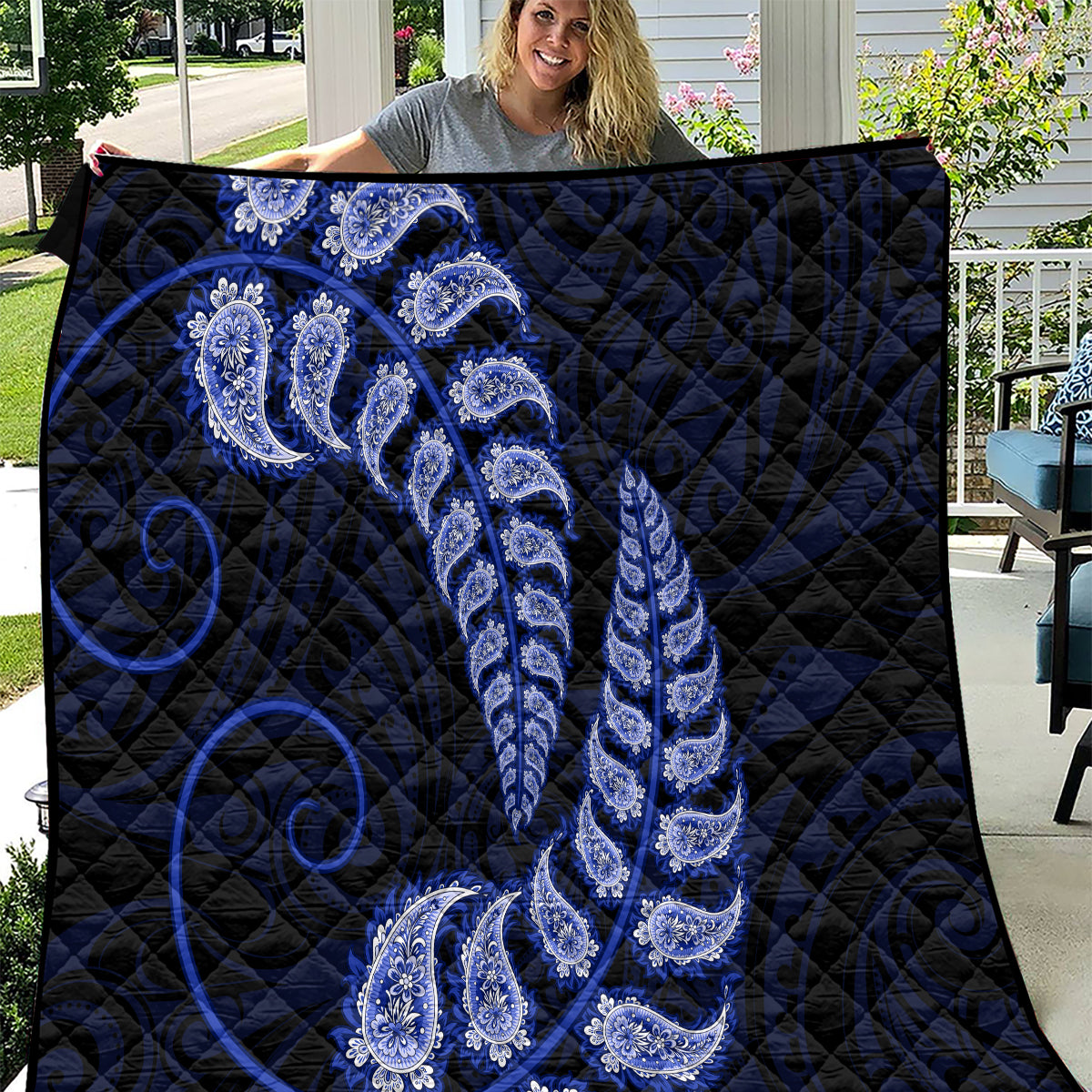 Blue New Zealand Paisley Silver Fern Quilt Aotearoa Maori LT14 Blue - Polynesian Pride