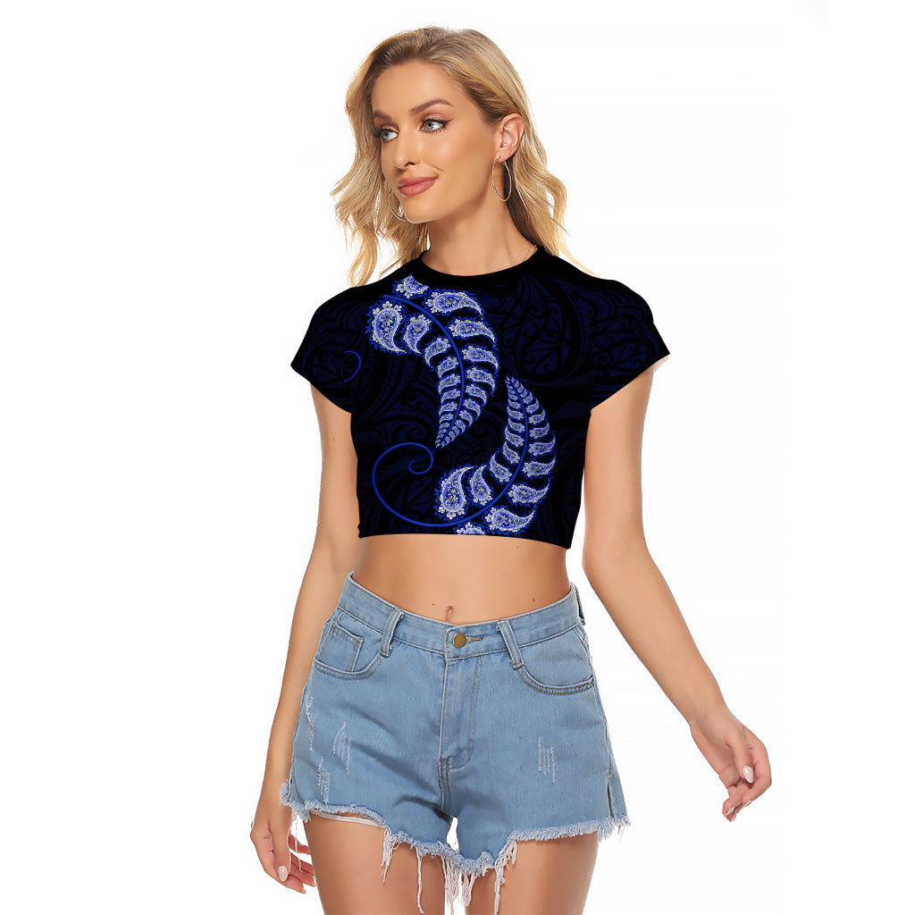 Blue New Zealand Paisley Silver Fern Raglan Cropped T Shirt Aotearoa Maori LT14 Female Blue - Polynesian Pride