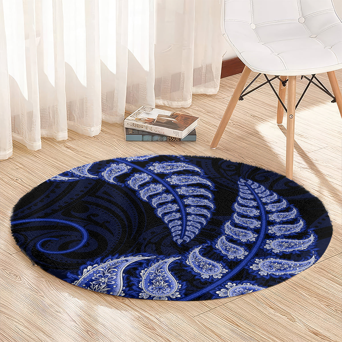 Blue New Zealand Paisley Silver Fern Round Carpet Aotearoa Maori LT14 - Polynesian Pride