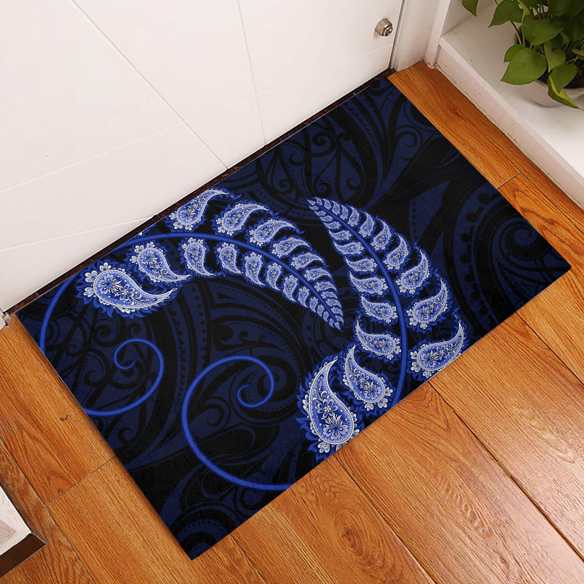 Blue New Zealand Paisley Silver Fern Rubber Doormat Aotearoa Maori LT14 Blue - Polynesian Pride