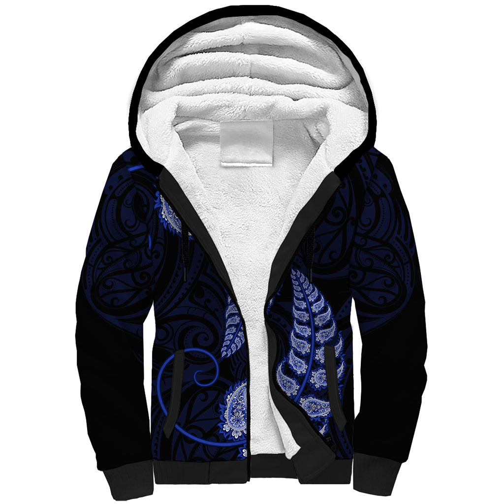 Blue New Zealand Paisley Silver Fern Sherpa Hoodie Aotearoa Maori LT14 Unisex Blue - Polynesian Pride