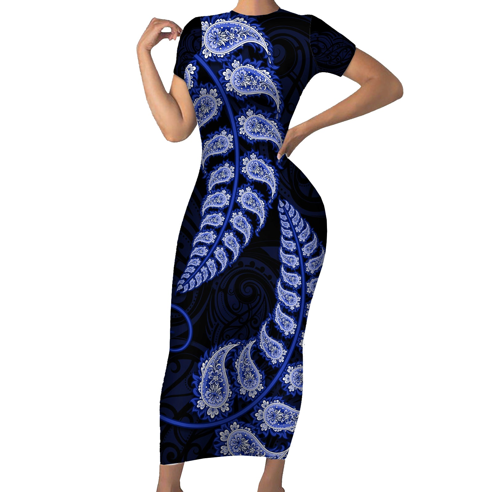 Blue New Zealand Paisley Silver Fern Short Sleeve Bodycon Dress Aotearoa Maori LT14 Long Dress Blue - Polynesian Pride