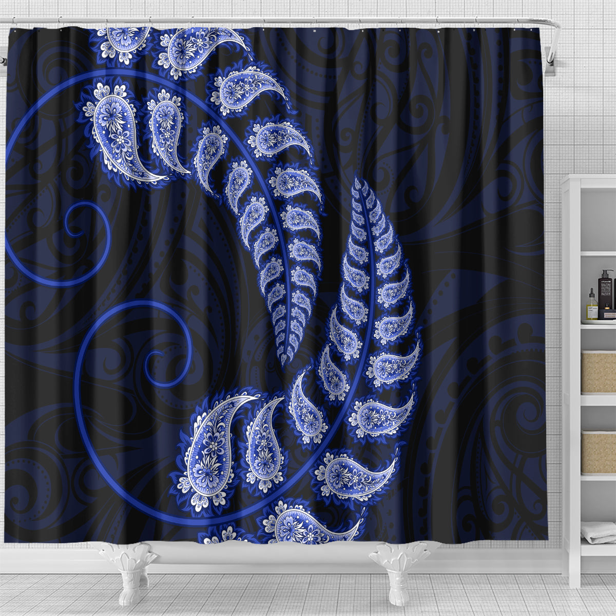 Blue New Zealand Paisley Silver Fern Shower Curtain Aotearoa Maori LT14 - Polynesian Pride