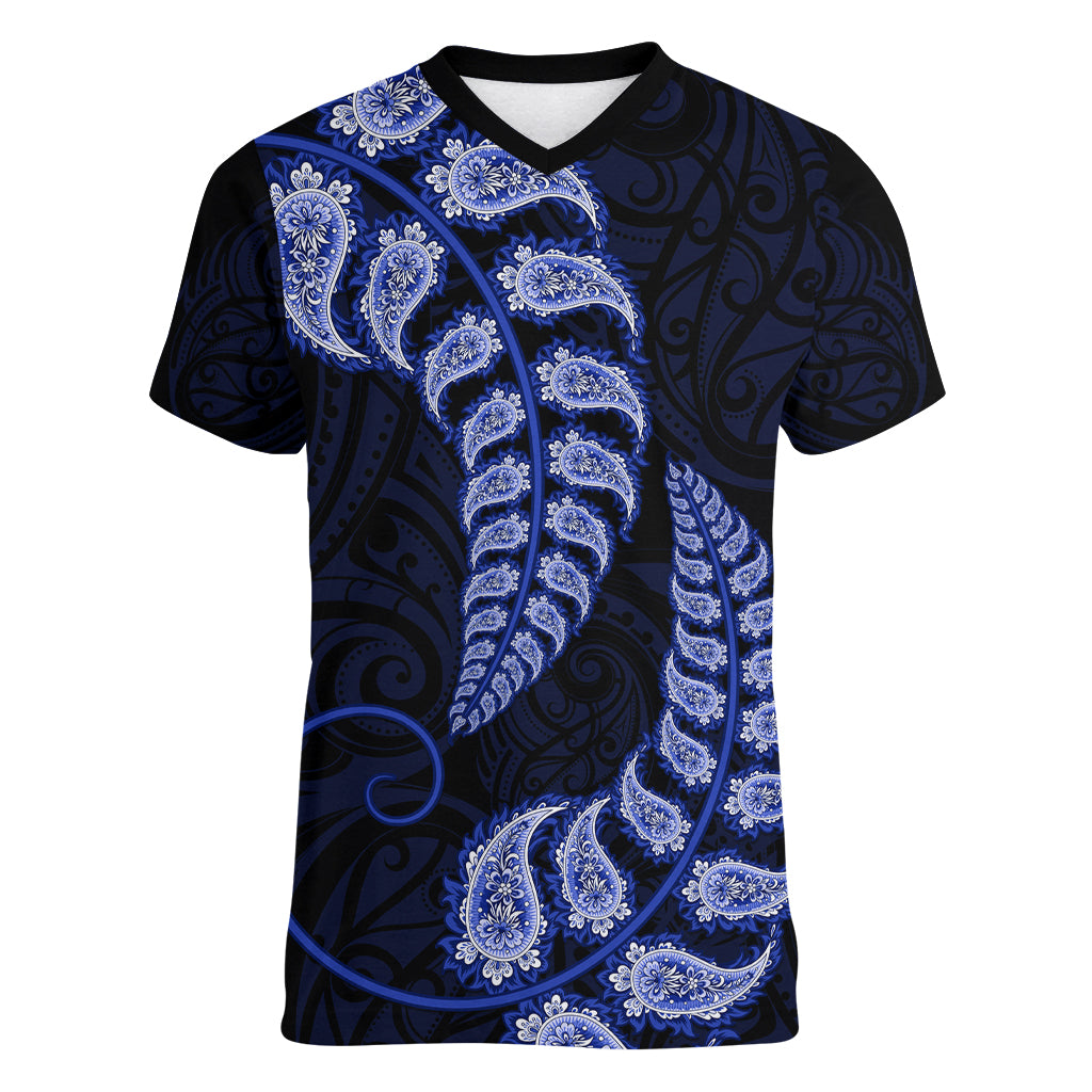 Blue New Zealand Paisley Silver Fern Women V Neck T Shirt Aotearoa Maori LT14 Female Blue - Polynesian Pride