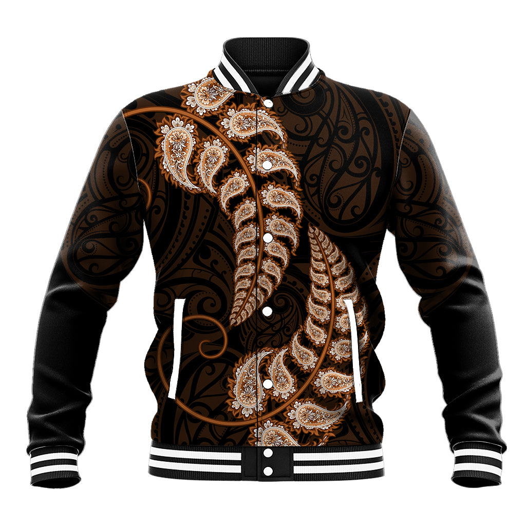 Brown New Zealand Paisley Silver Fern Baseball Jacket Aotearoa Maori LT14 Unisex Brown - Polynesian Pride