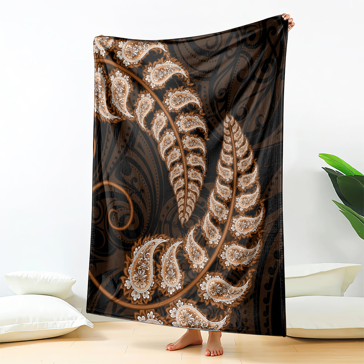 Brown New Zealand Paisley Silver Fern Blanket Aotearoa Maori LT14 Brown - Polynesian Pride