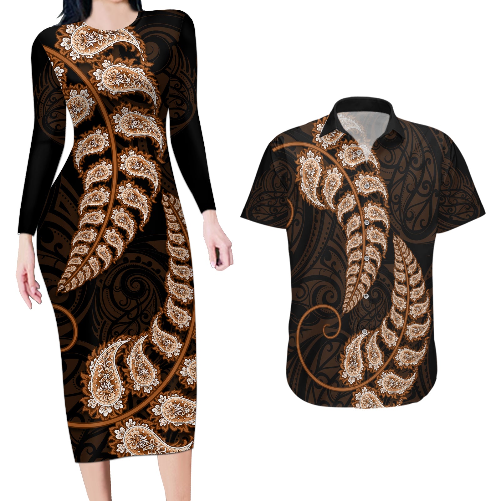 Brown New Zealand Paisley Silver Fern Couples Matching Long Sleeve Bodycon Dress and Hawaiian Shirt Aotearoa Maori LT14 Brown - Polynesian Pride