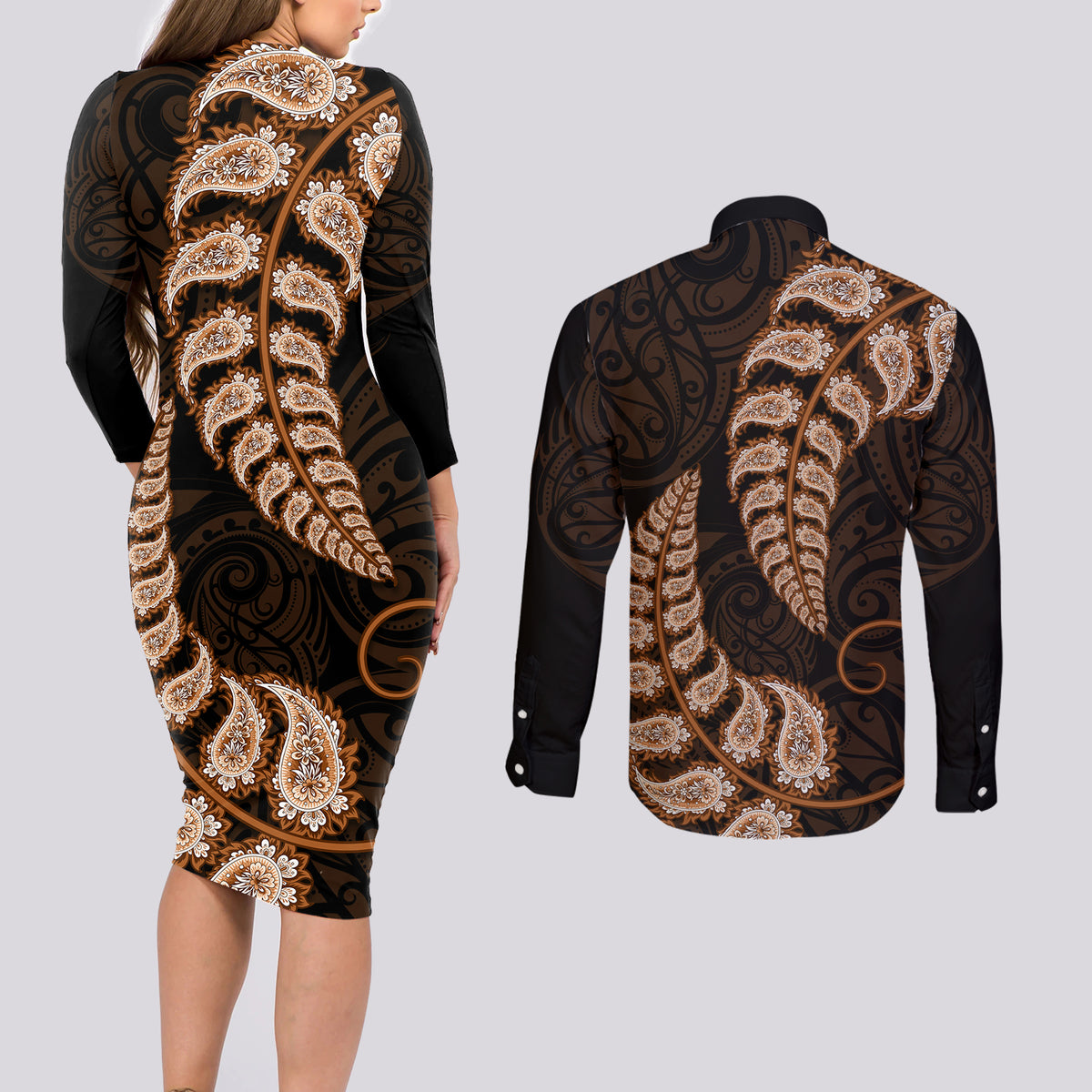 Brown New Zealand Paisley Silver Fern Couples Matching Long Sleeve Bodycon Dress and Long Sleeve Button Shirt Aotearoa Maori LT14 - Polynesian Pride