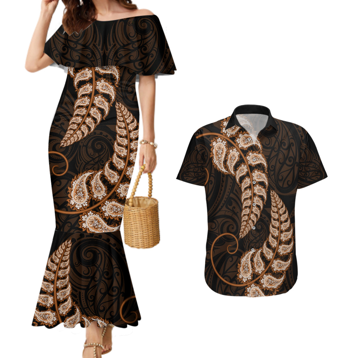 Brown New Zealand Paisley Silver Fern Couples Matching Mermaid Dress and Hawaiian Shirt Aotearoa Maori LT14 Brown - Polynesian Pride