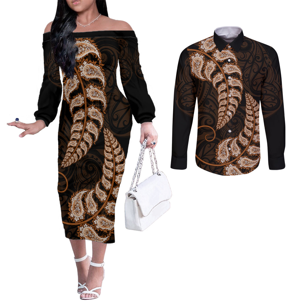 Brown New Zealand Paisley Silver Fern Couples Matching Off The Shoulder Long Sleeve Dress and Long Sleeve Button Shirt Aotearoa Maori LT14 Brown - Polynesian Pride