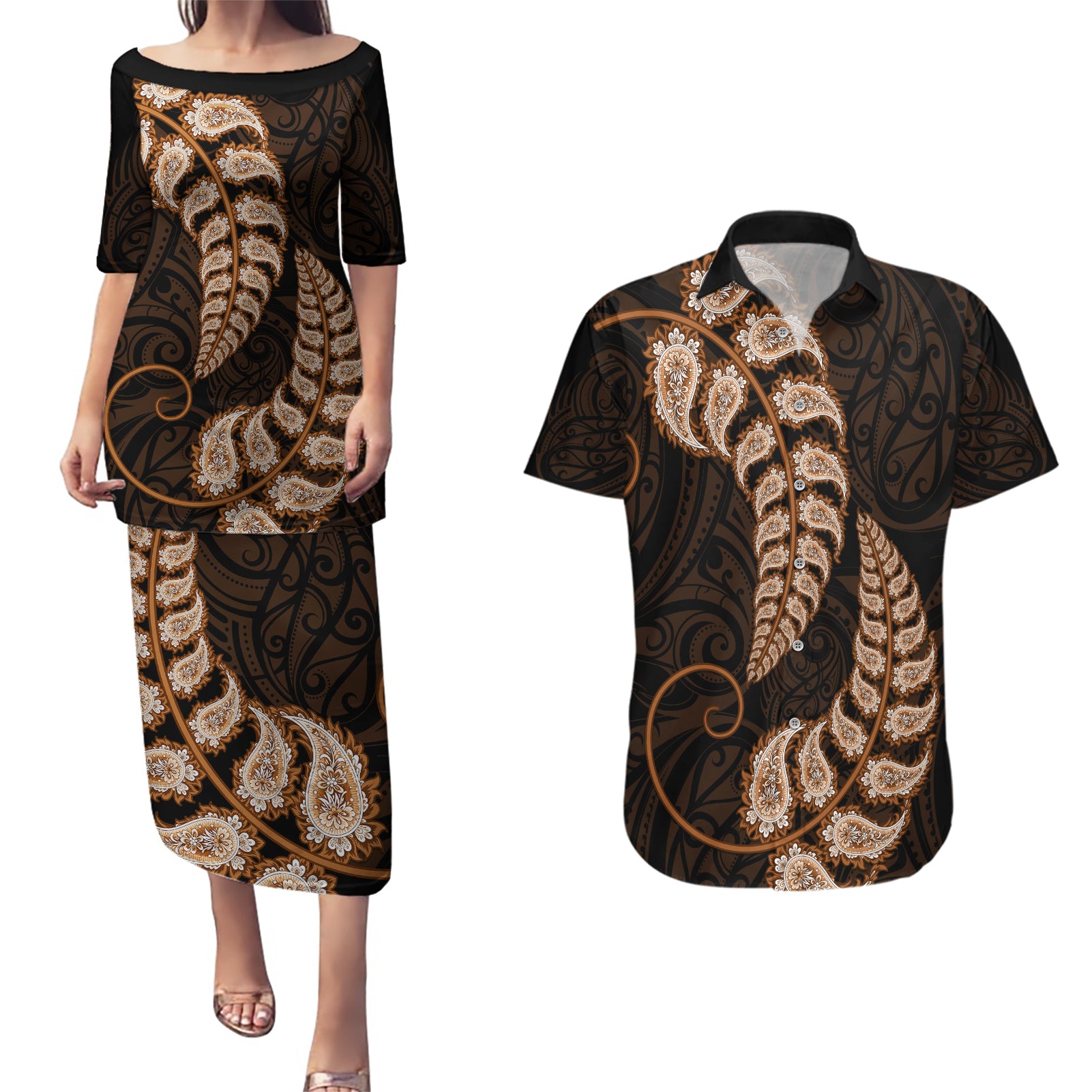 Brown New Zealand Paisley Silver Fern Couples Matching Puletasi Dress and Hawaiian Shirt Aotearoa Maori LT14 Brown - Polynesian Pride