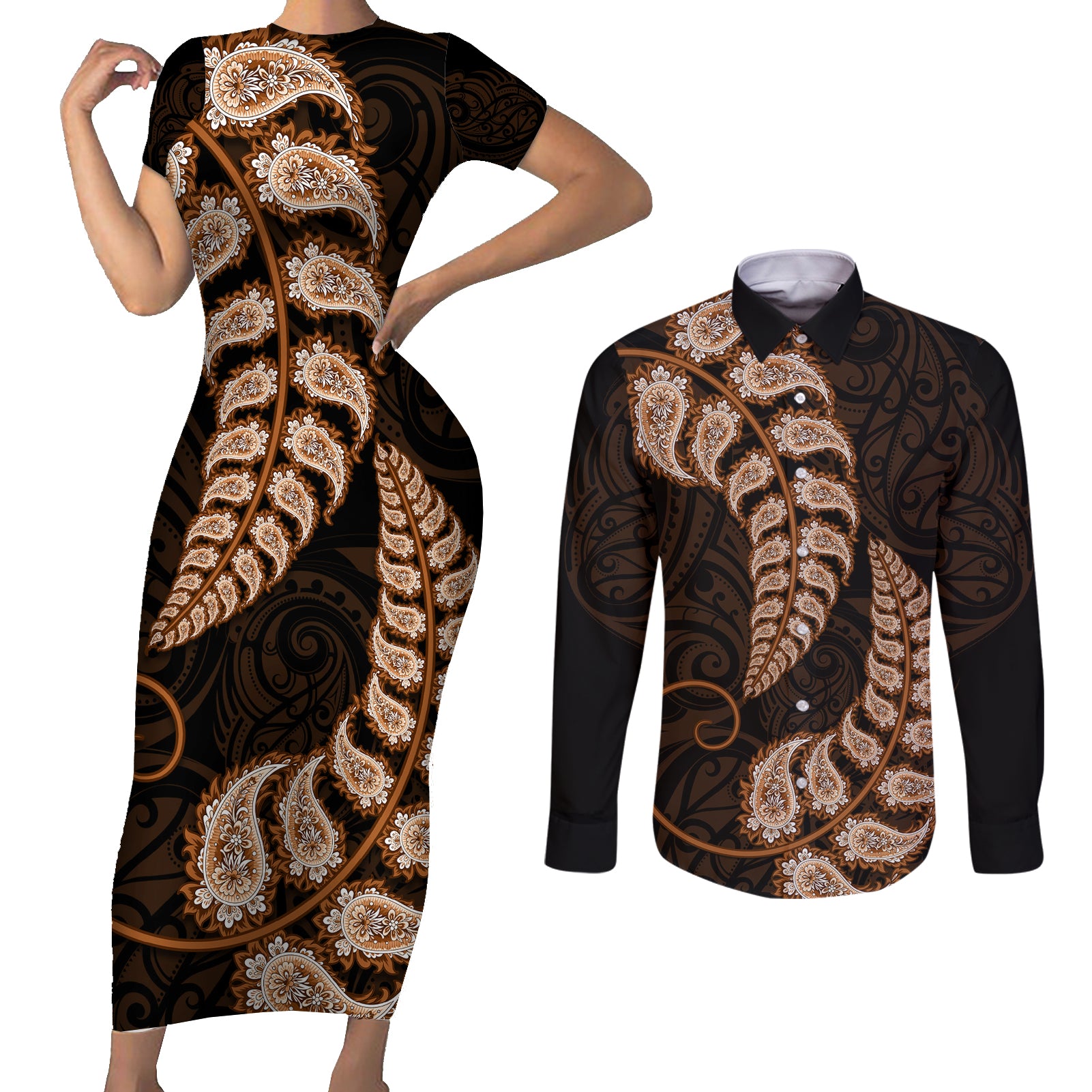 Brown New Zealand Paisley Silver Fern Couples Matching Short Sleeve Bodycon Dress and Long Sleeve Button Shirt Aotearoa Maori LT14 Brown - Polynesian Pride