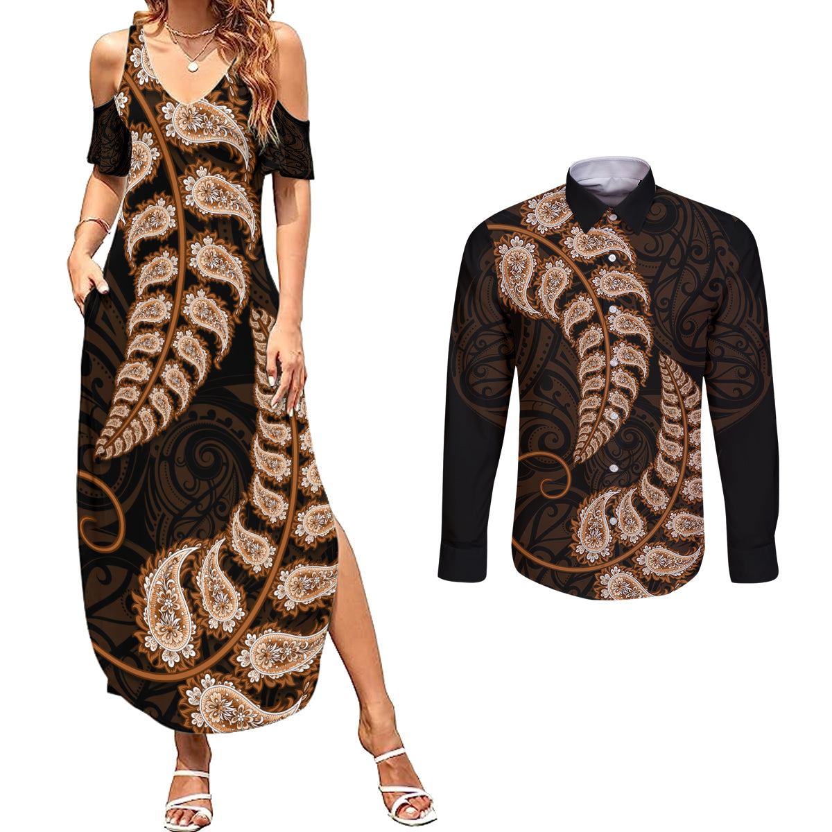 Brown New Zealand Paisley Silver Fern Couples Matching Summer Maxi Dress and Long Sleeve Button Shirt Aotearoa Maori LT14 Brown - Polynesian Pride