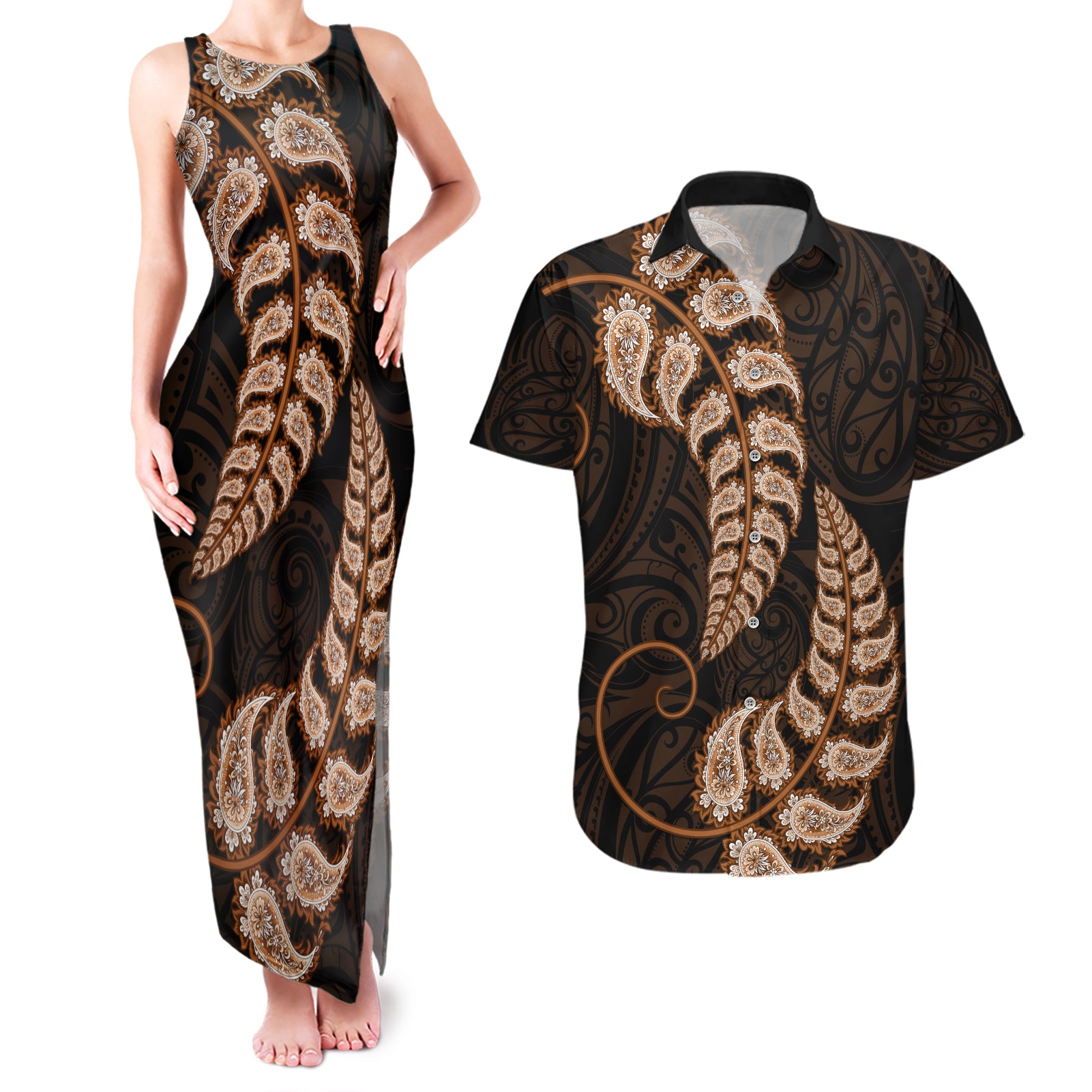 Brown New Zealand Paisley Silver Fern Couples Matching Tank Maxi Dress and Hawaiian Shirt Aotearoa Maori LT14 Brown - Polynesian Pride