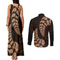 Brown New Zealand Paisley Silver Fern Couples Matching Tank Maxi Dress and Long Sleeve Button Shirt Aotearoa Maori LT14 - Polynesian Pride