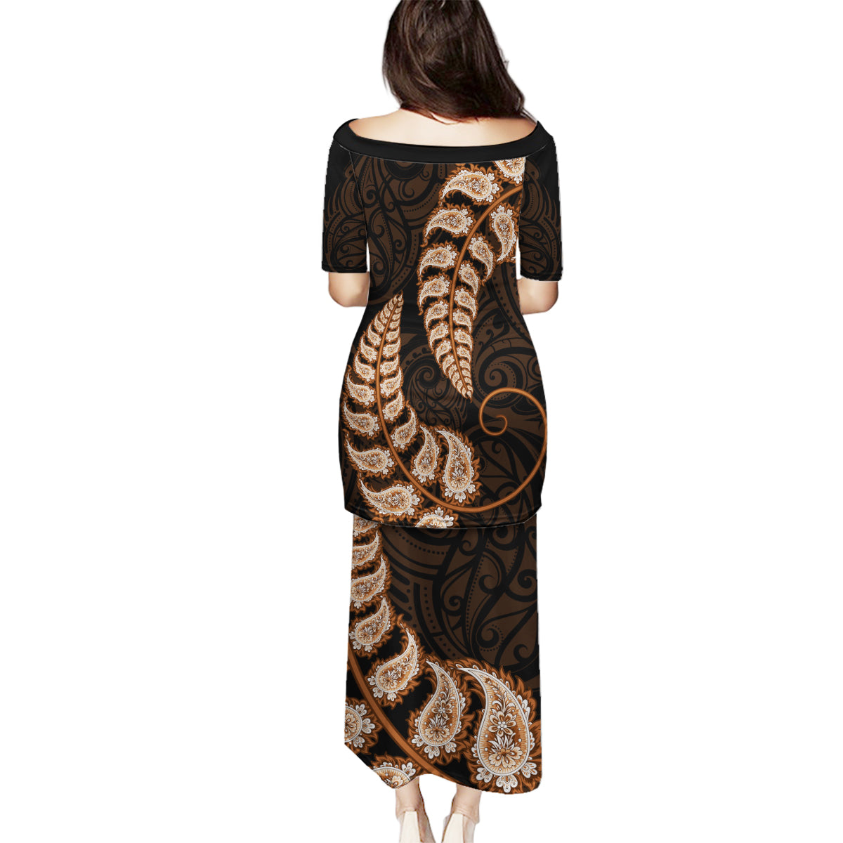 Brown New Zealand Paisley Silver Fern Family Matching Puletasi Dress and Hawaiian Shirt Aotearoa Maori LT14 - Polynesian Pride