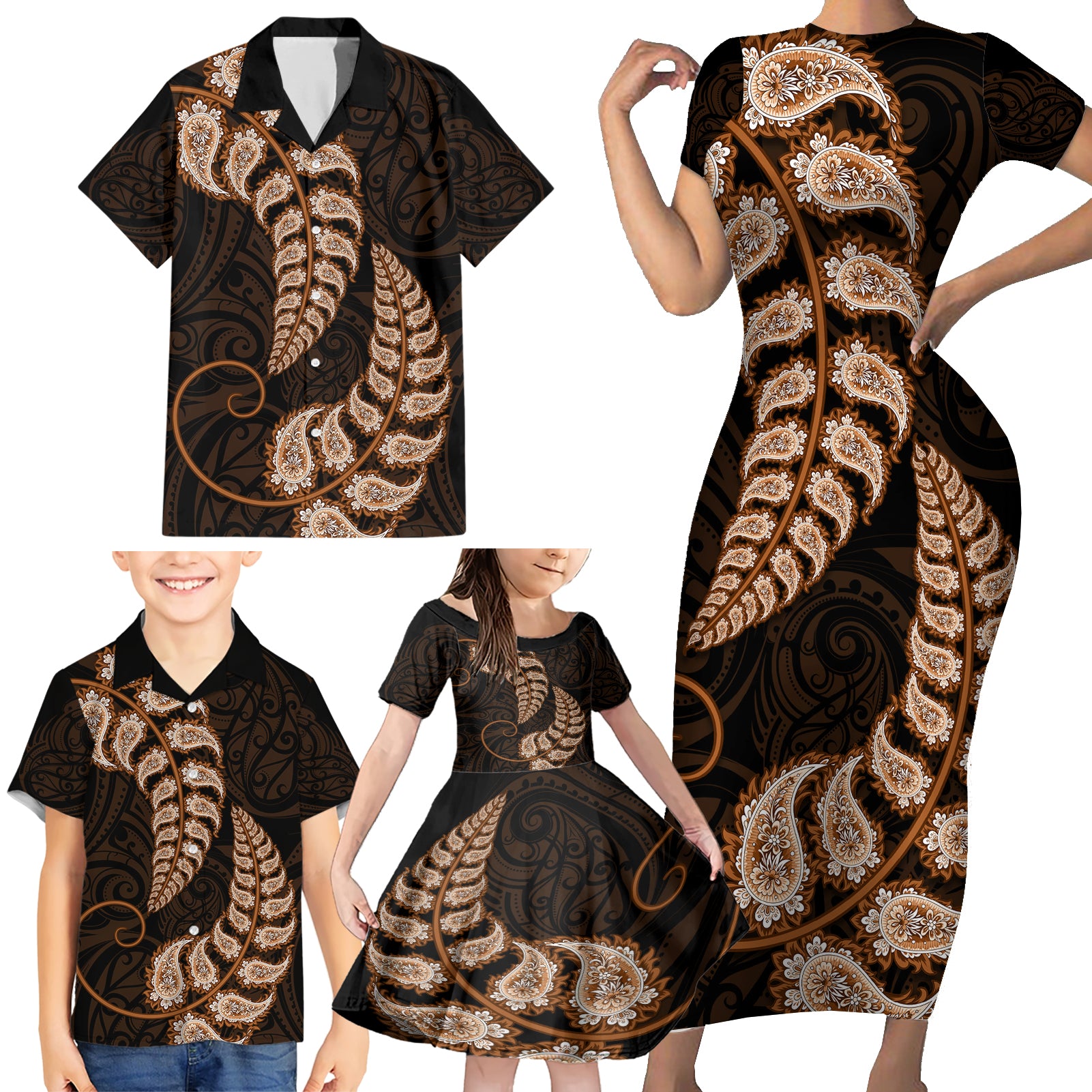 Brown New Zealand Paisley Silver Fern Family Matching Short Sleeve Bodycon Dress and Hawaiian Shirt Aotearoa Maori LT14 - Polynesian Pride