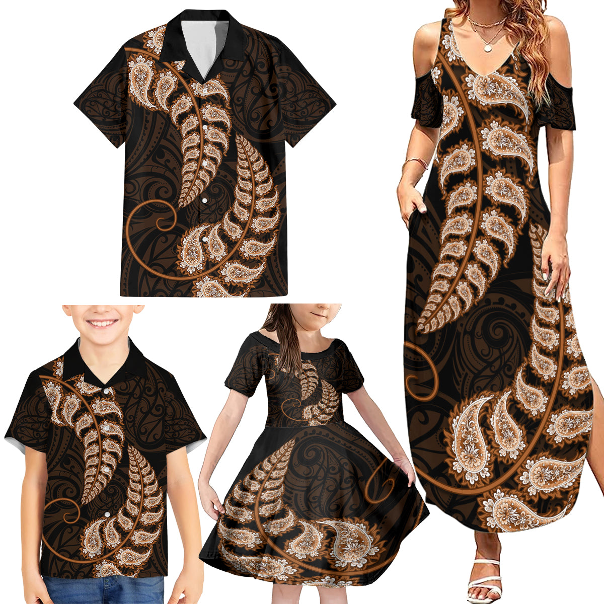 Brown New Zealand Paisley Silver Fern Family Matching Summer Maxi Dress and Hawaiian Shirt Aotearoa Maori LT14 - Polynesian Pride