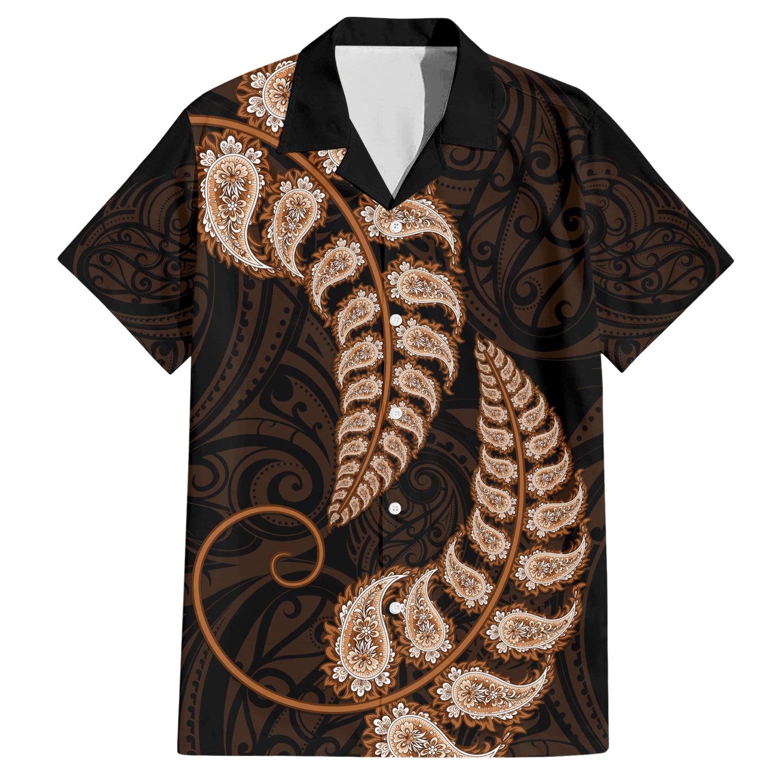 Brown New Zealand Paisley Silver Fern Hawaiian Shirt Aotearoa Maori LT14 Brown - Polynesian Pride