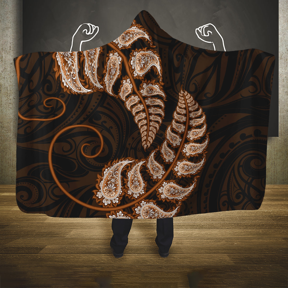 Brown New Zealand Paisley Silver Fern Hooded Blanket Aotearoa Maori LT14 One Size Brown - Polynesian Pride