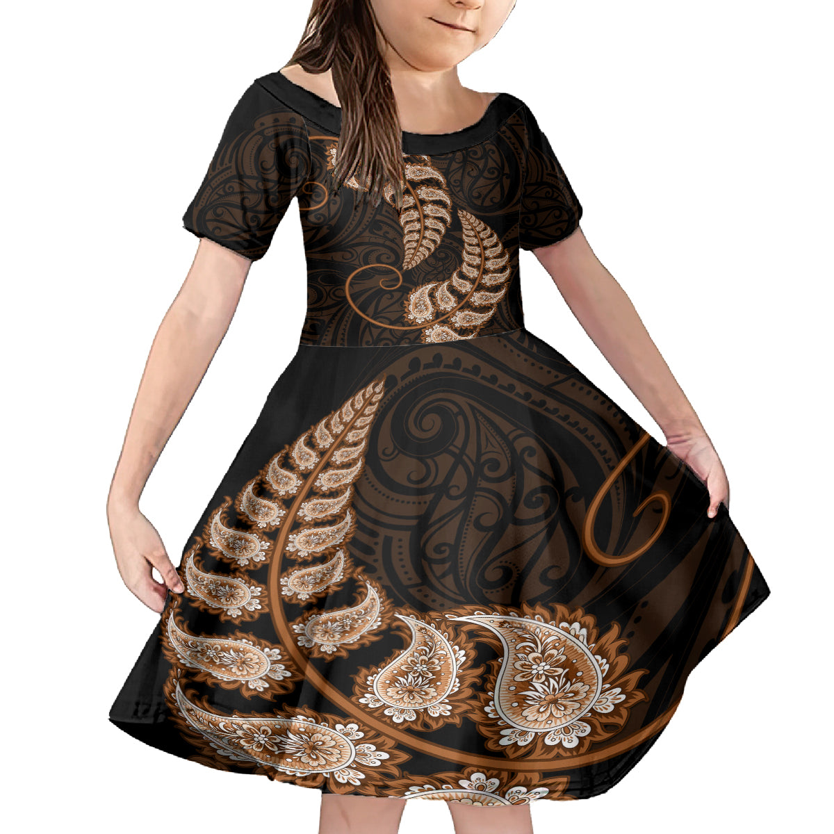 Brown New Zealand Paisley Silver Fern Kid Short Sleeve Dress Aotearoa Maori LT14 KID Brown - Polynesian Pride