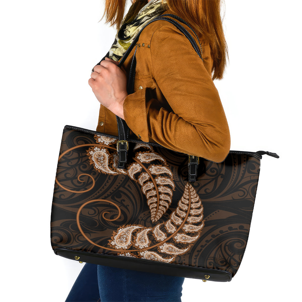 Brown New Zealand Paisley Silver Fern Leather Tote Bag Aotearoa Maori LT14 Brown - Polynesian Pride