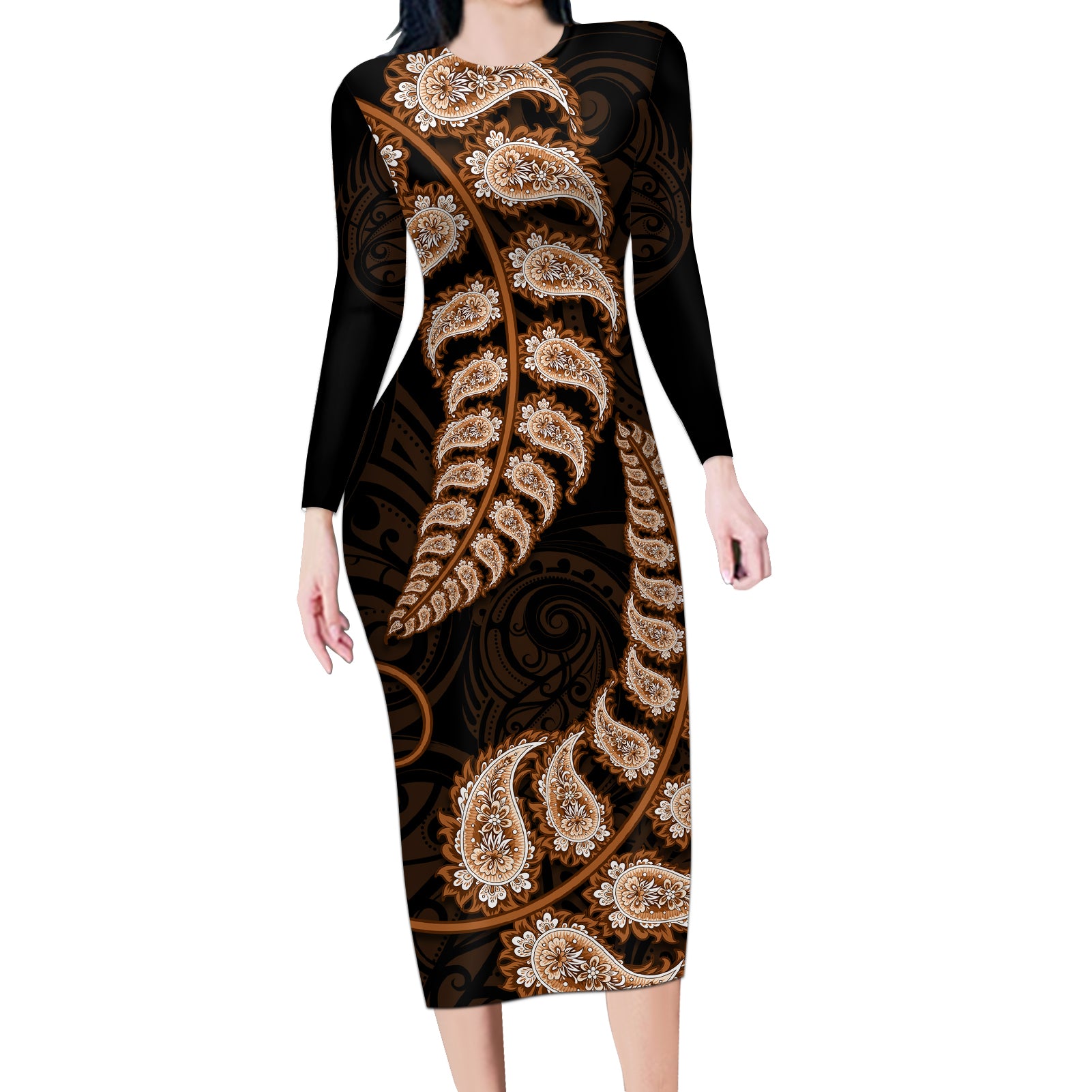 Brown New Zealand Paisley Silver Fern Long Sleeve Bodycon Dress Aotearoa Maori LT14 Long Dress Brown - Polynesian Pride