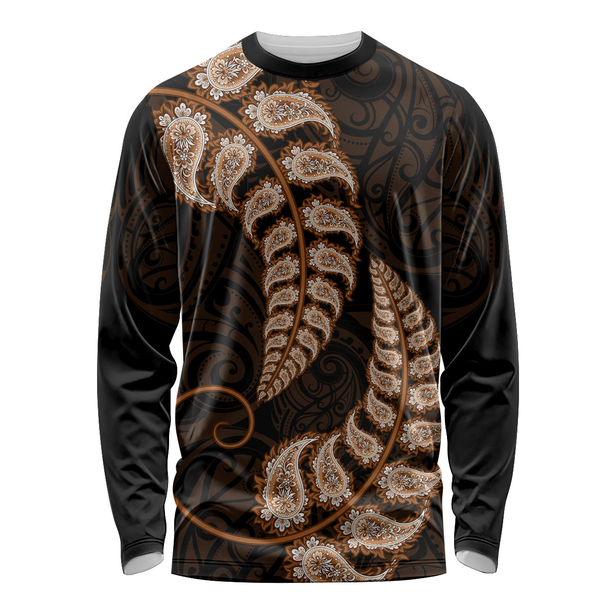 Brown New Zealand Paisley Silver Fern Long Sleeve Shirt Aotearoa Maori LT14 Unisex Brown - Polynesian Pride