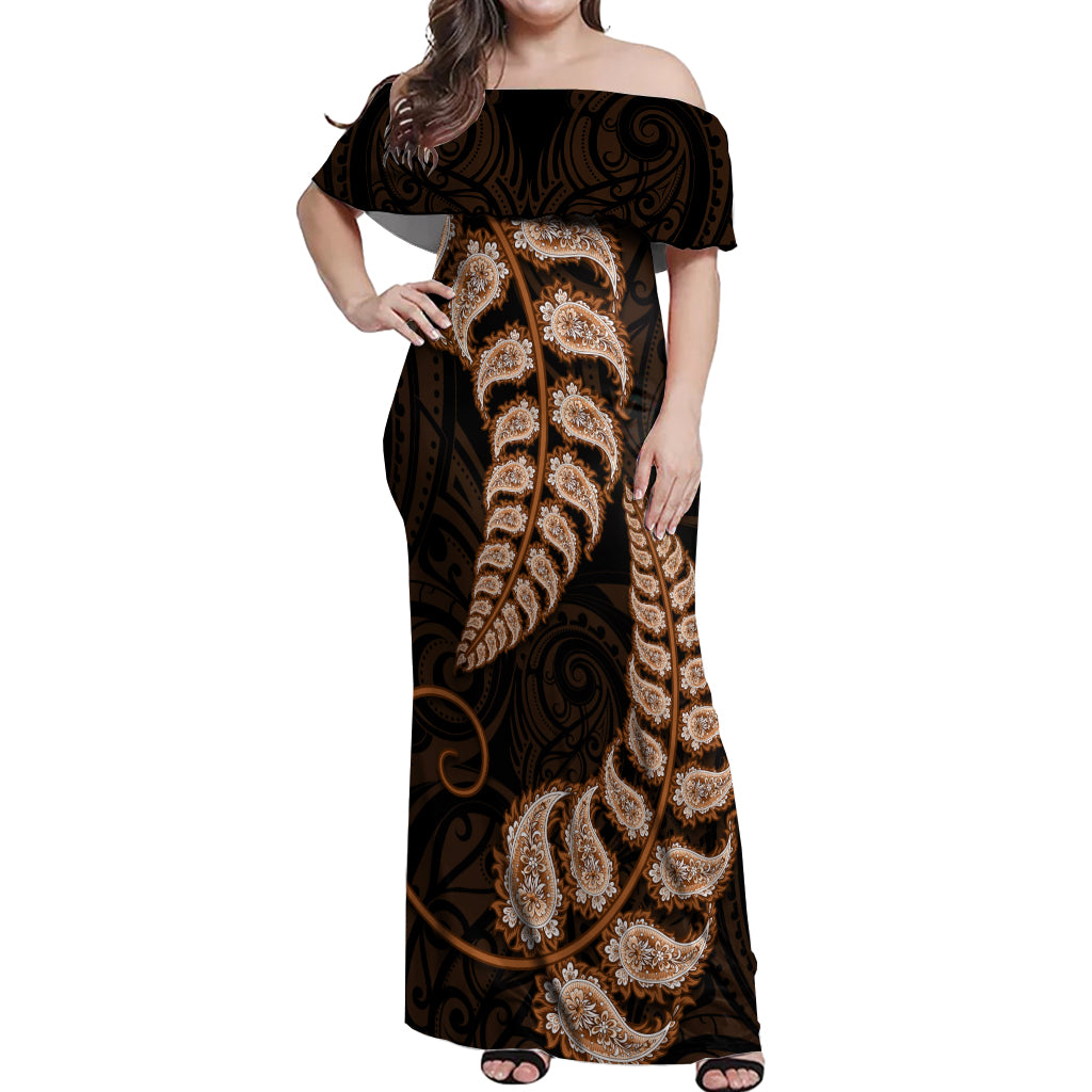 Brown New Zealand Paisley Silver Fern Off Shoulder Maxi Dress Aotearoa Maori LT14 Women Brown - Polynesian Pride