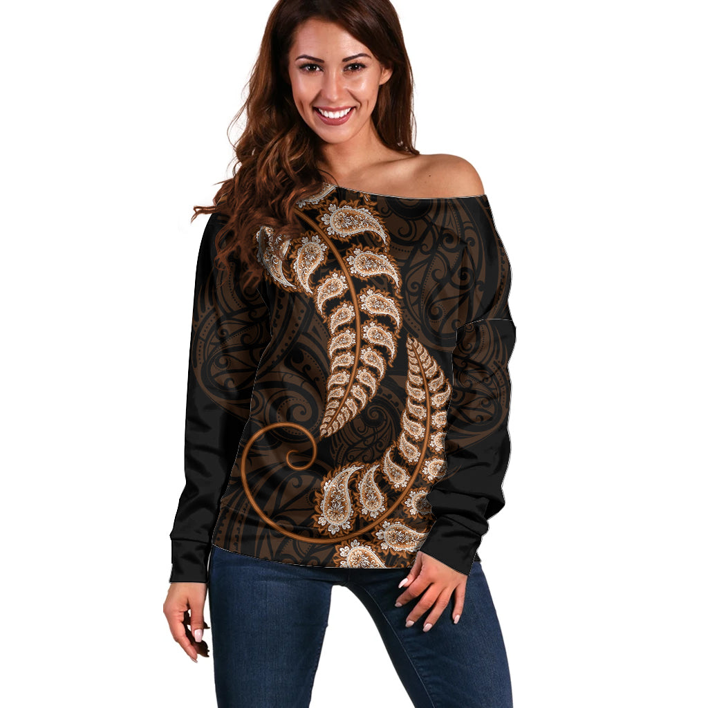 Brown New Zealand Paisley Silver Fern Off Shoulder Sweater Aotearoa Maori LT14 Women Brown - Polynesian Pride