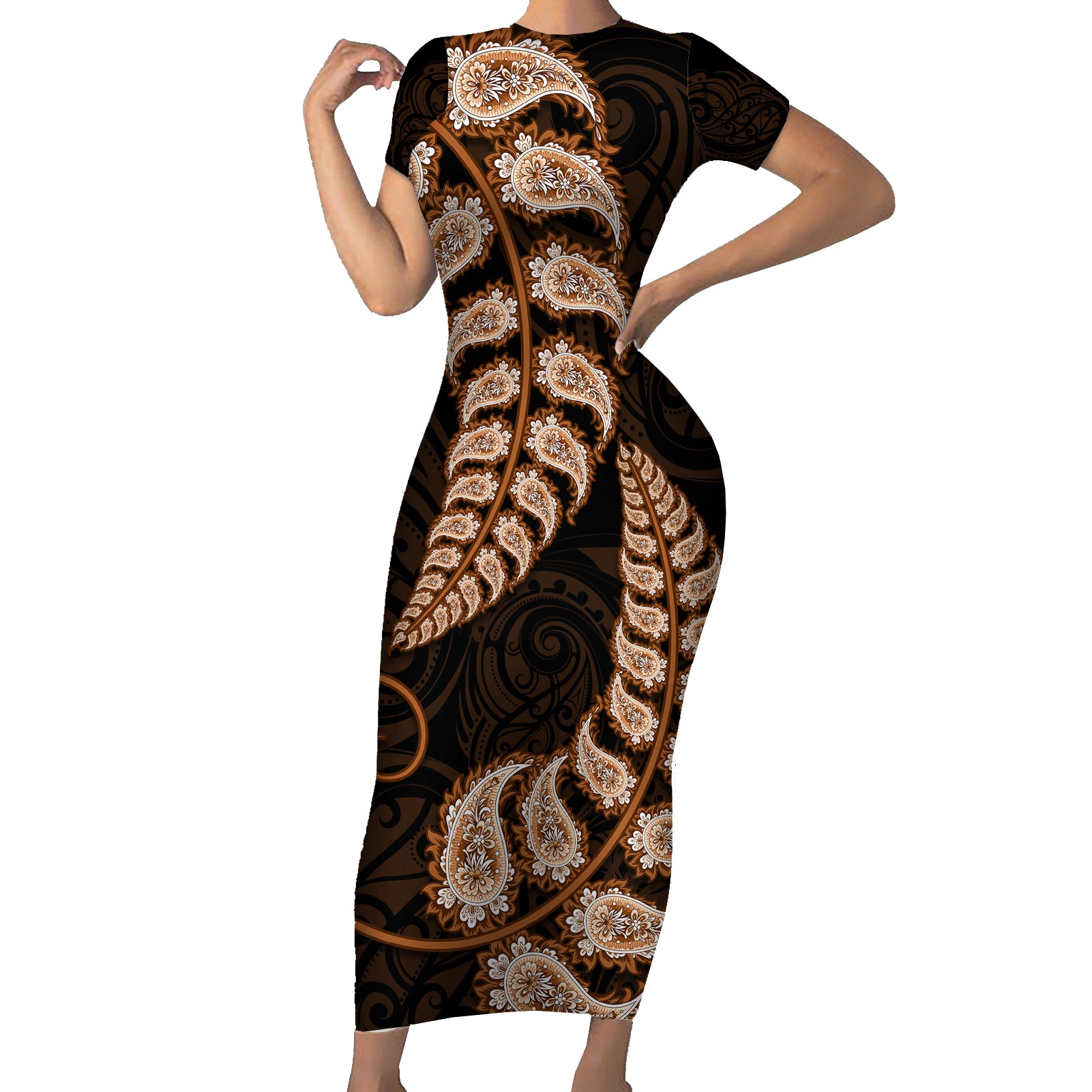 Brown New Zealand Paisley Silver Fern Short Sleeve Bodycon Dress Aotearoa Maori LT14 Long Dress Brown - Polynesian Pride