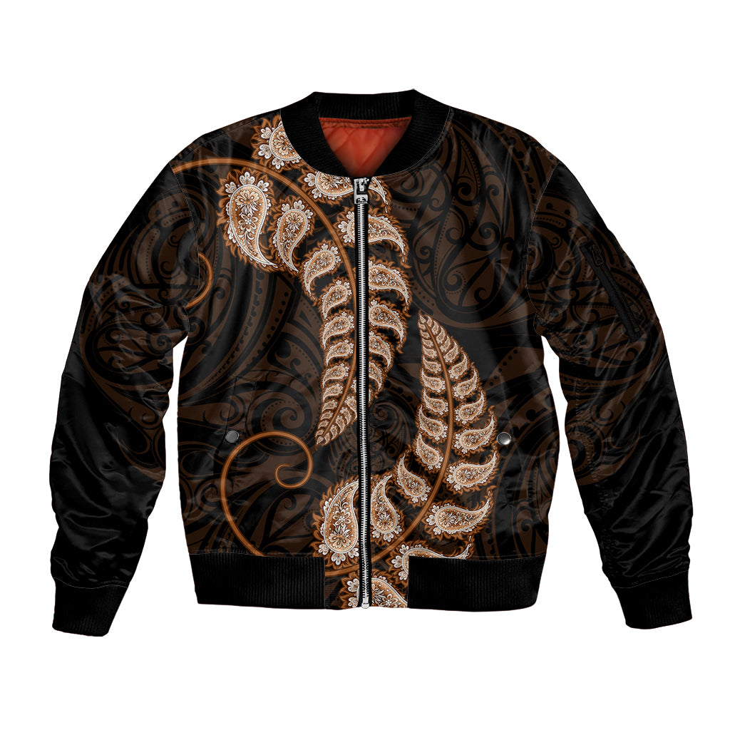 Brown New Zealand Paisley Silver Fern Sleeve Zip Bomber Jacket Aotearoa Maori LT14 Unisex Brown - Polynesian Pride