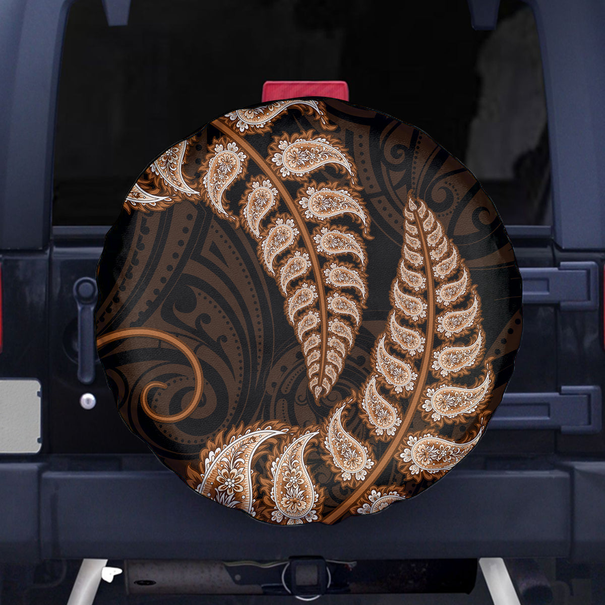 Brown New Zealand Paisley Silver Fern Spare Tire Cover Aotearoa Maori LT14 Brown - Polynesian Pride