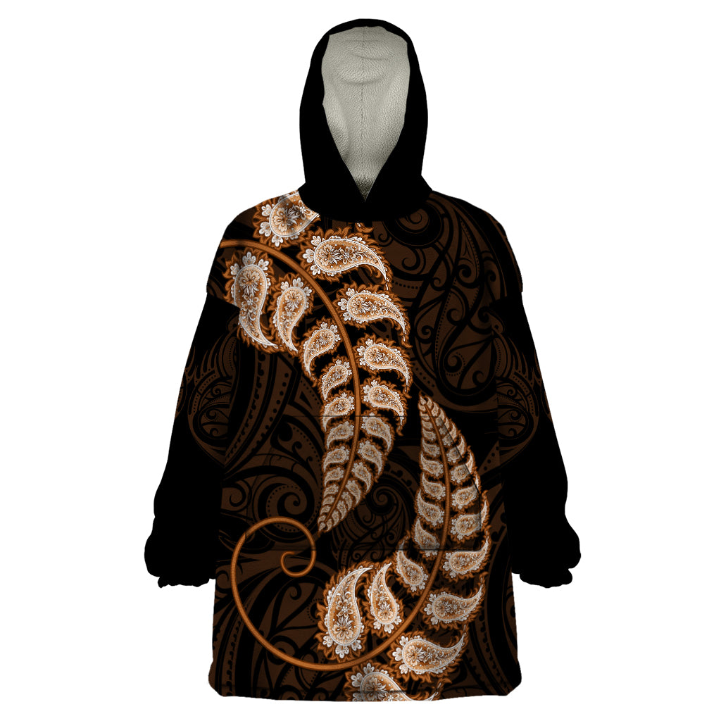 Brown New Zealand Paisley Silver Fern Wearable Blanket Hoodie Aotearoa Maori LT14 One Size Brown - Polynesian Pride