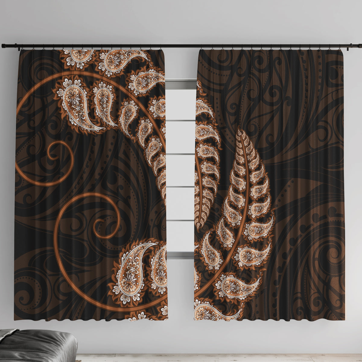 Brown New Zealand Paisley Silver Fern Window Curtain Aotearoa Maori LT14 With Hooks Brown - Polynesian Pride