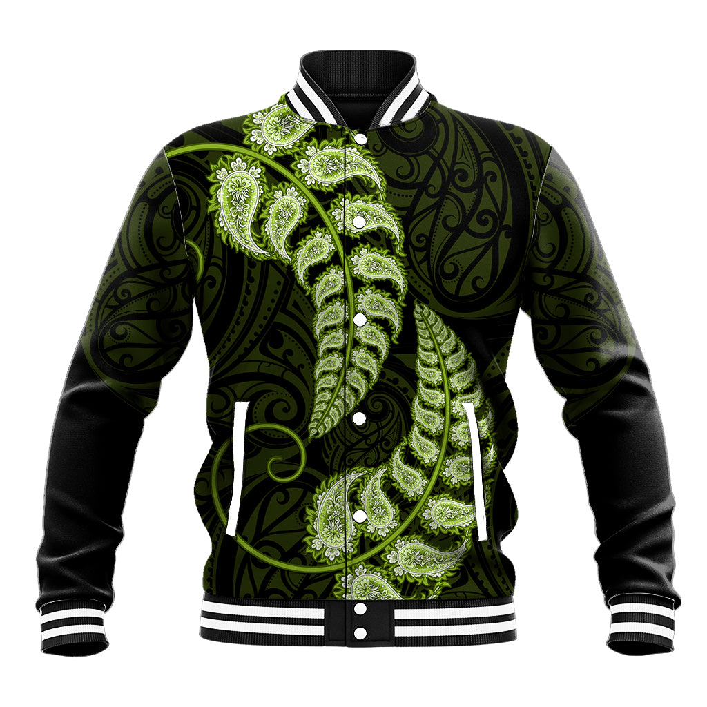 Green New Zealand Paisley Silver Fern Baseball Jacket Aotearoa Maori LT14 Unisex Green - Polynesian Pride