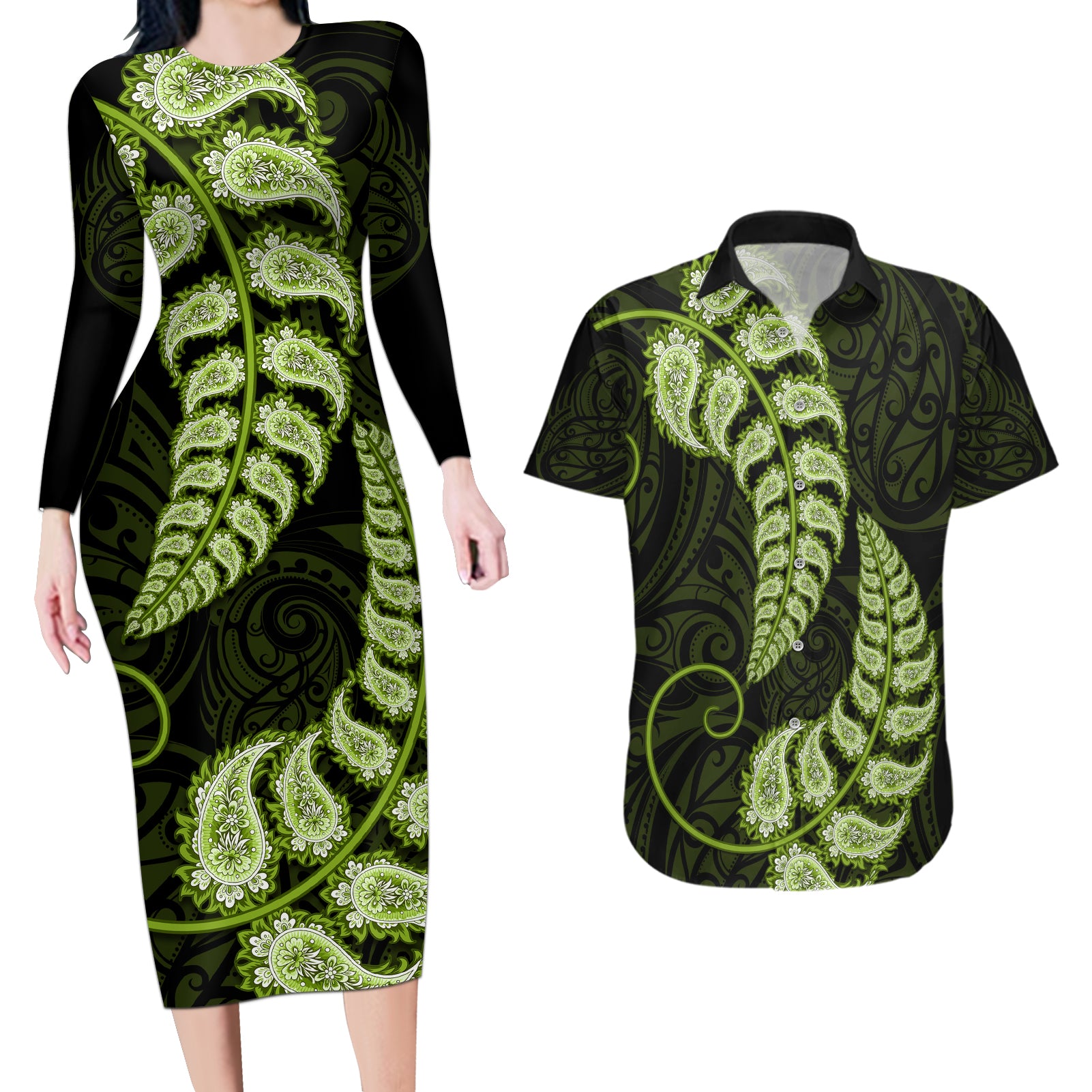 Green New Zealand Paisley Silver Fern Couples Matching Long Sleeve Bodycon Dress and Hawaiian Shirt Aotearoa Maori LT14 Green - Polynesian Pride