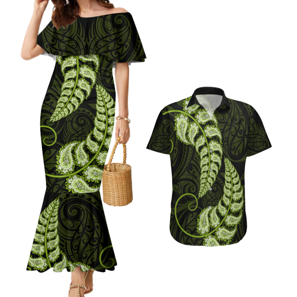 Green New Zealand Paisley Silver Fern Couples Matching Mermaid Dress and Hawaiian Shirt Aotearoa Maori LT14 Green - Polynesian Pride